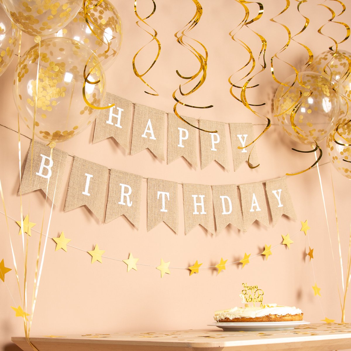 Fissaly Verjaardag Jute Slinger met Papieren Gouden Confetti Ballonnen – Decoratie – Happy Birthday - Letterslinger — afbeelding 4