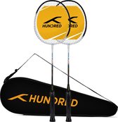 HONDRED Powertek 100 (set van 2) badmintonracket met volledige hoes (wit/zwart, maat: standaard, gripmaat: G5) | Bespannen | Materiaal: aluminium | Maximale spanning: 16-18 pond | voor gemiddelde speler