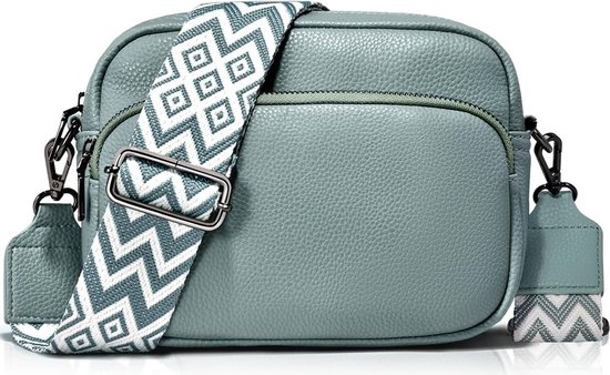 Crossbody tas voor dames - Blauw/groen - 22 x 16 x 8 cm - Met aztec schouderriem - Schoudertas voor vrouwen - Verstelbare schouderband - Handtas met ritsen - Waterbestendig - Zilveren hardware - Telefoontas - Festivaltas - PU leer