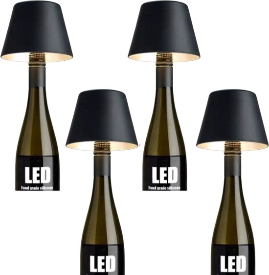 Oplaadbare Flessenlamp - Tafellamp - Zwart - Usb Oplaadbaar - Warm wit - Touch Dimbaar - LED - 4 STUKS