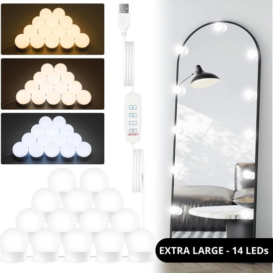 Extra Large - Hollywood Spiegellampen – Spiegelverlichting met 14 LED lampen – Dimbare Make Up Spiegel lamp – 6 meter kabel