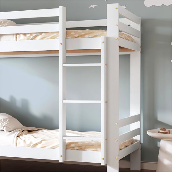 Stapelbed massief grenen 90x200cm wit - kinderbed hoogslaper gastenbed met ladder, opbergruimte en veiligheidsreling