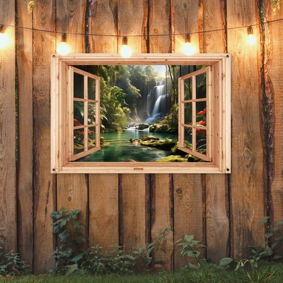 Poster de jardin Cascade - Vue - Jungle - Paysage - Nature - Fenêtre marron clair - 120x80 cm - Toile de jardin - Poster extérieur