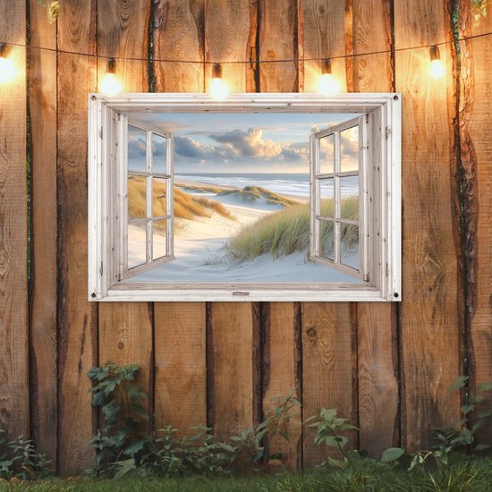 Tuinposter doorkijk strand - Tuindecoratie duinen - 120x80 cm - Natuur poster voor in de tuin - Buiten decoratie - Schutting raam tuinschilderij - Tuindoek muurdecoratie - Wanddecoratie balkondoek