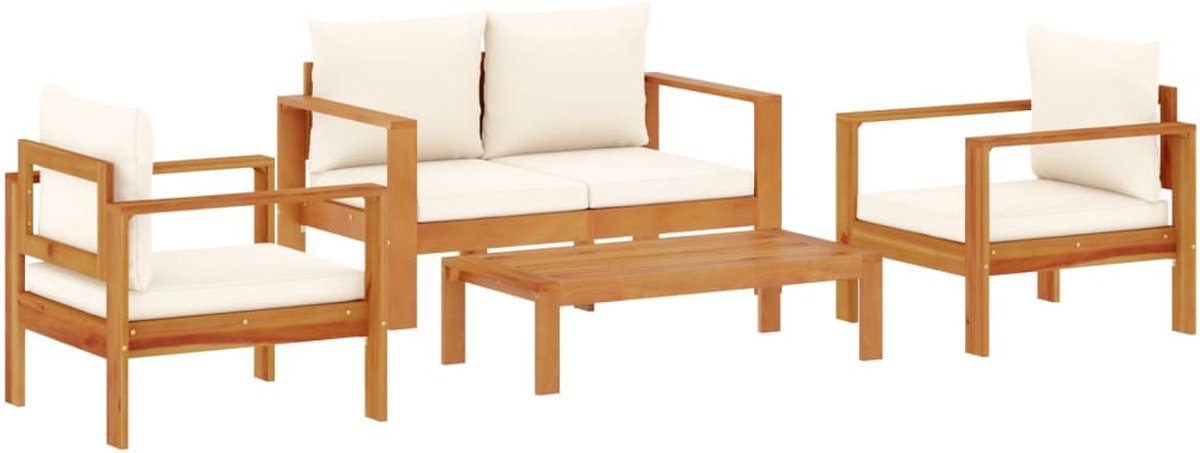 vidaXL 4-delige - Loungeset - met - kussens - massief - acaciahout crèmewit