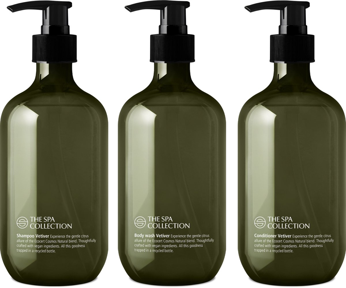 Goedkoopste The Spa Collection Vetiver - Ecocert Cosmos Natural - Shampoo Body Wash Conditioner - 475 ml gerecyclede pompfles - Set van 3 stuks
