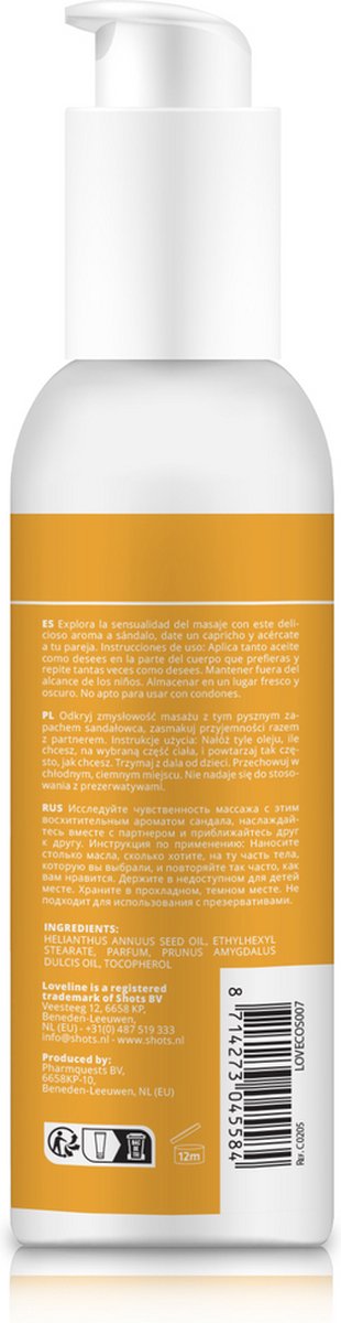 Loveline by Shots Massageolie - Sensuele Sandelhout - 5.1 fl oz / 150 ml - Geel