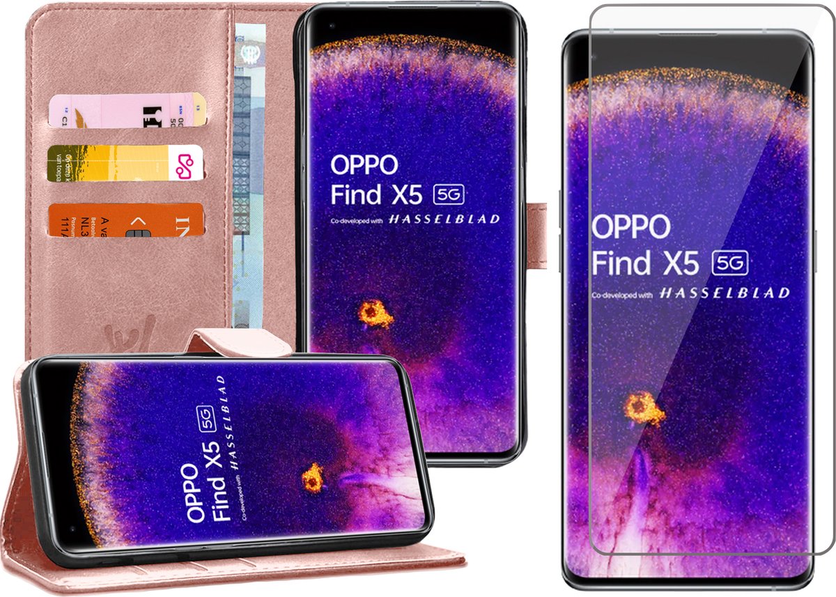 Hoesje geschikt voor Oppo Find X5 - Screenprotector Glas - Portemonnee Book Case Rosegoud