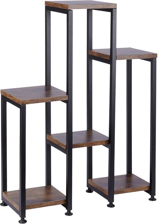 Plantenstandaard met bruine houten bladen en een zwart metalen frame, bestaande uit 6 niveaus.