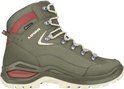 Groene Lowa wandelschoen met beige veters, rode accenten en een beige zool.