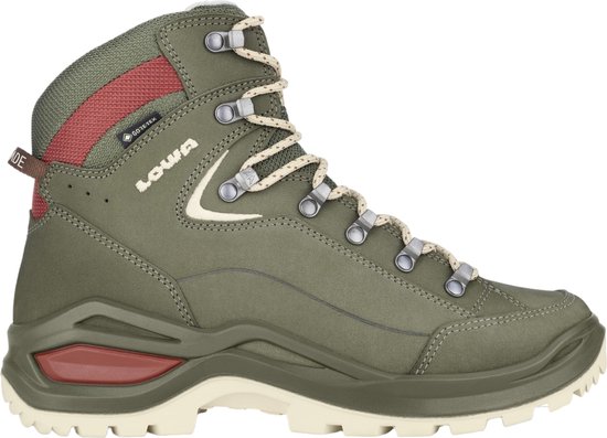 Groene Lowa wandelschoen met beige veters, rode accenten en een beige zool.