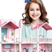 VORLOU - 3D DIY Droom Kasteel - Villa House Poppenhuis voor meisjes van 4, 5, 6, 7, 8 jaar oud - met 4 poppen, LED-verlichting, speelmat, speelhuis met 3 verdiepingen en 8 kamers, inclusief accessoires, gemeubileerde speelhuis speelgoed