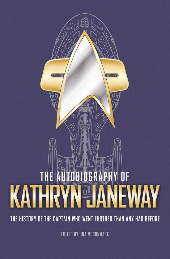Livre "The Autobiography of Kathryn Janeway" sur fond violet, avec un badge Starfleet doré et argenté et un schéma de vaisseau spatial.