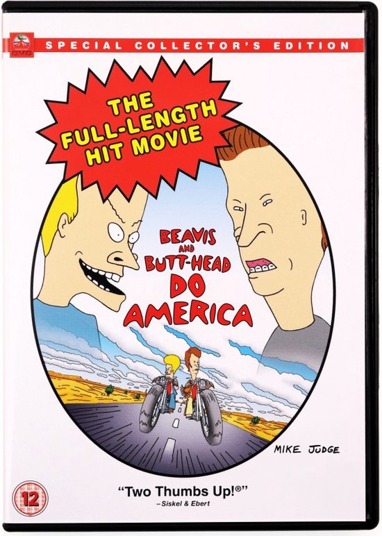 DVD-hoes van 'Beavis and Butt-Head Do America' met de personages Beavis en Butt-Head en tekst "THE FULL-LENGTH HIT MOVIE".