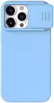Nillkin CamShield Hoesje Geschikt voor de Apple iPhone 15 Pro Max - Geschikt voor Draadloos Opladen met Magnetische Ring - Siliconen Back Cover - met Camera Slider Haze Blauw