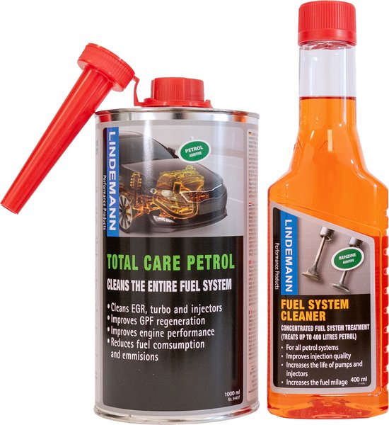 Twee Lindemann producten voor benzine: een grote grijze blik met rode tuit en een kleinere oranje fles, beide met een afbeelding van een motor.