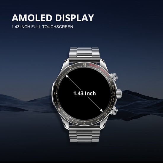 Maoo Titan AMOLED Smartwatch Heren - Stainless Steel en 2 TPU bandjes - Stappenteller - Hartslagmeter - Slaapmonitor - Multisport - Geschikt voor Android en iOS - Zilver
