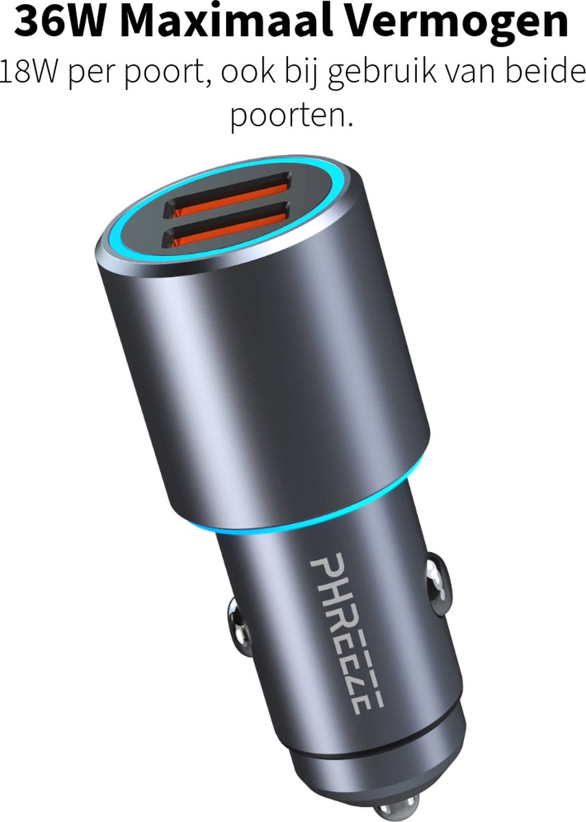 Metalen Autolader met 2 Poorten - Usb Lader - Quick Charge 3.0 - 36w Maximaal Vermogen - Snellader - Voor Draadloos Snelladen Autohouders – foto 3