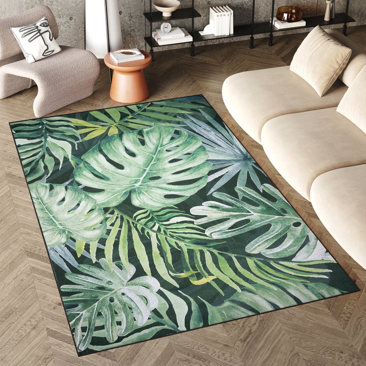 Tapiso Flannel Printed Vloerkleed Botanisch Groen Antislip Wasbaar Tapijt Maat- 120x170