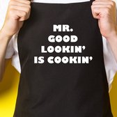 Zwart keukenschort / BBQ-schort met tekst | Mr. Good Lookin is Cookin | Katoen - One size - Verstelbaar - Wasbaar - Cadeau voor hem - Vaderdag - Gratis verzending