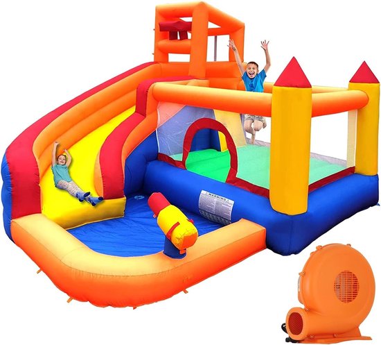 Opblaasbare Waterglijbaan, Springkasteel Met Ventilator, Voor Kinderen Van 3 Jaar Droog Waterglijbaan Dinosaurus Waterpark 2 Glijbanen Kinderbadje En Zwembad Basketbalmand Waterkanon 3458591561
