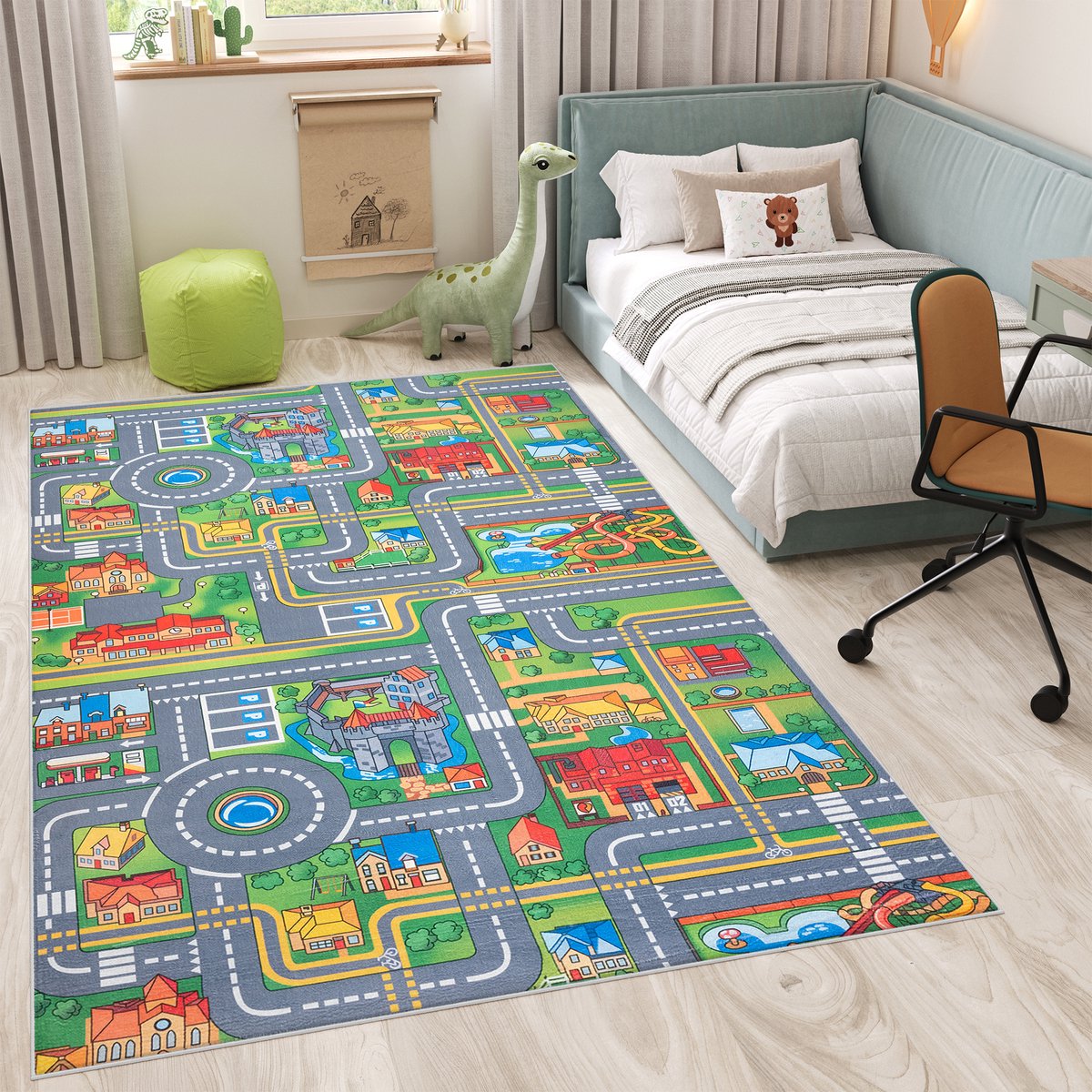 Tapiso Flannel Printed Kindertapijt Antislip Straat Grijs Kinderkamer Vloerkleed Maat- 80x150