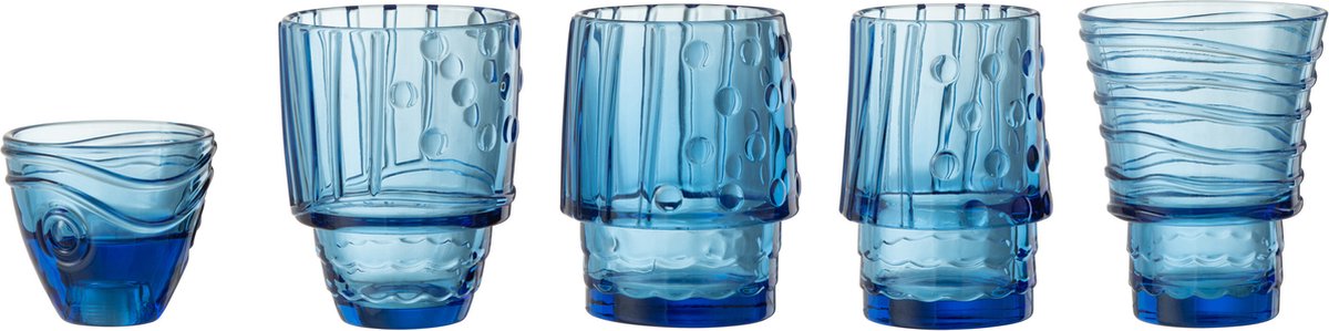 J-Line beker Vis - glas - transparant/blauw - 5 stuks