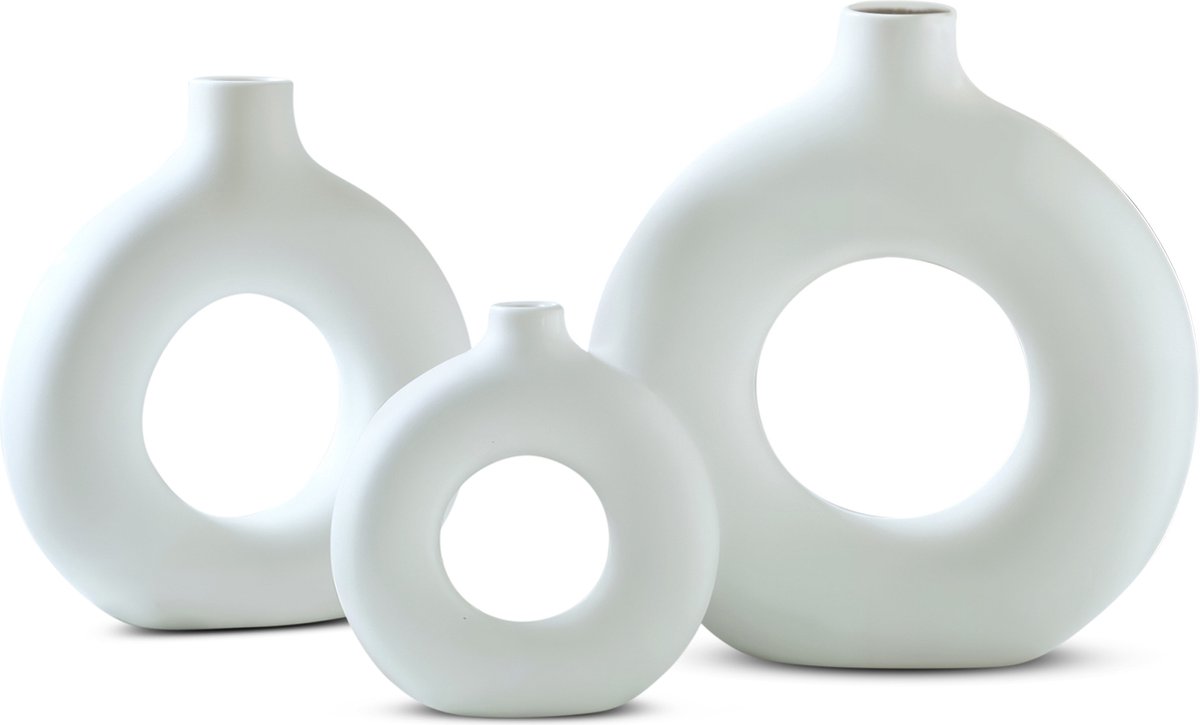 IvoQ Set van 3 Donut Vazen - Wit - Keramiek - Stijlvol & Tijdloos - Voor Woonkamer, Slaapkamer & Kantoor