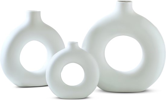 IvoQ Set van 3 Donut Vazen - Wit - Keramiek - Stijlvol & Tijdloos - Voor Woonkamer, Slaapkamer & Kantoor