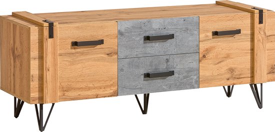 LOFTER L07 TV-meubel - Metalen poten - Loftstijl - laden en planken - 135 cm - Wotan Eiken + beton