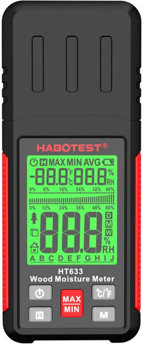 Habotest HT633 Vochtmeter - Hout & Bouwmaterialen – Instelbaar materiaal / hout type – Min/Max/Hold – Houtvochtmeter - Omgevingstemperatuur en luchtvochtigheid