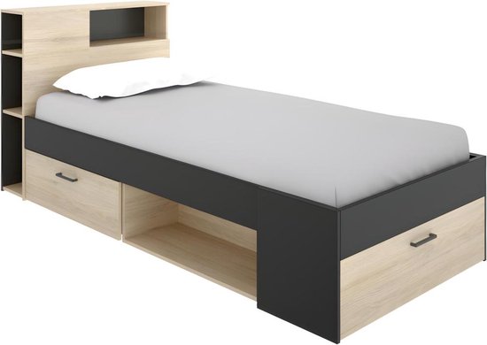 Bed met hoofdeinde, opbergruimte en lades - 90 x 190 cm - Kleur: eiken en naturel - LEANDRE L 218.5 cm x H 95 cm x D 99.5 cm