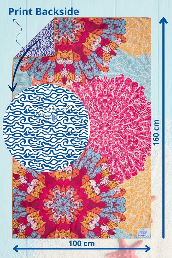 Strandlaken met kleurrijke mandala print op de voor- en achterkant. Afmetingen 100x160 cm. Achterkant met blauwe golven print.