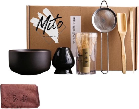 Foto: Japanse matcha thee set kom van keramiek rvs filter bamboe klopper garde houder houten theelepel houten scoop lepel theedoek opbergdoos mito tea kwaliteit complete set cadeau gratis verzending