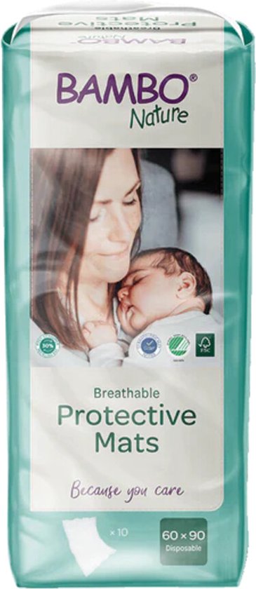Turquoise verpakking Bambo Nature babyluier matjes, met afbeelding van moeder en baby. 10 stuks, 60x90 disposable.