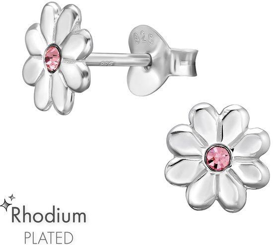 Joy|S - Zilveren bloem oorbellen - 6 mm - roze kristal - madelief oorknoppen - gehodineerd / rhodium