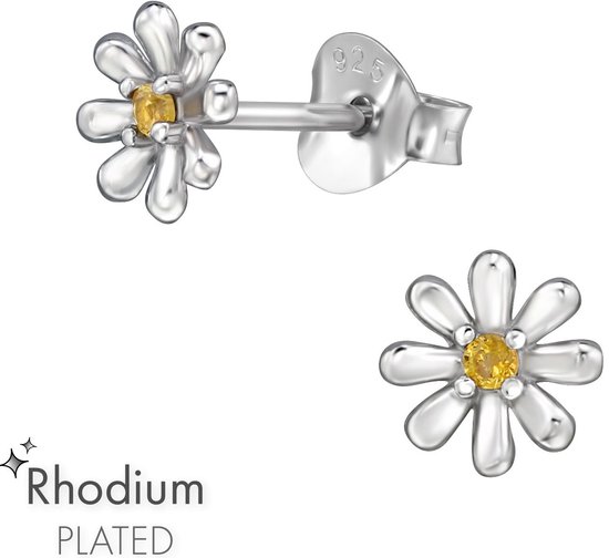Joy|S - Zilveren petit bloem oorbellen - 5 x 5 mm - zilver met geel zirkonia - oorknoppen - gehodineerd / rhodium