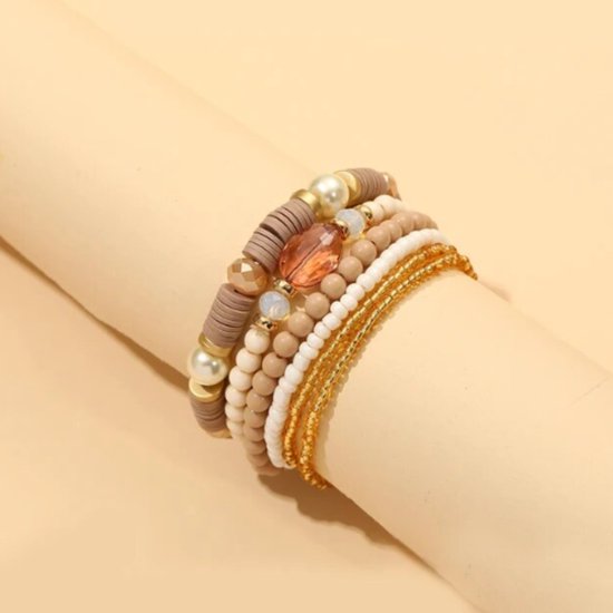 Armband - SET van 6 - Armband Dames - Polsbandjes - Armbanden - Beige - Armbanden Set - Kralen Armband Dames - Vrolijke Armbanden - Mode Accessoires - Sieraden Dames