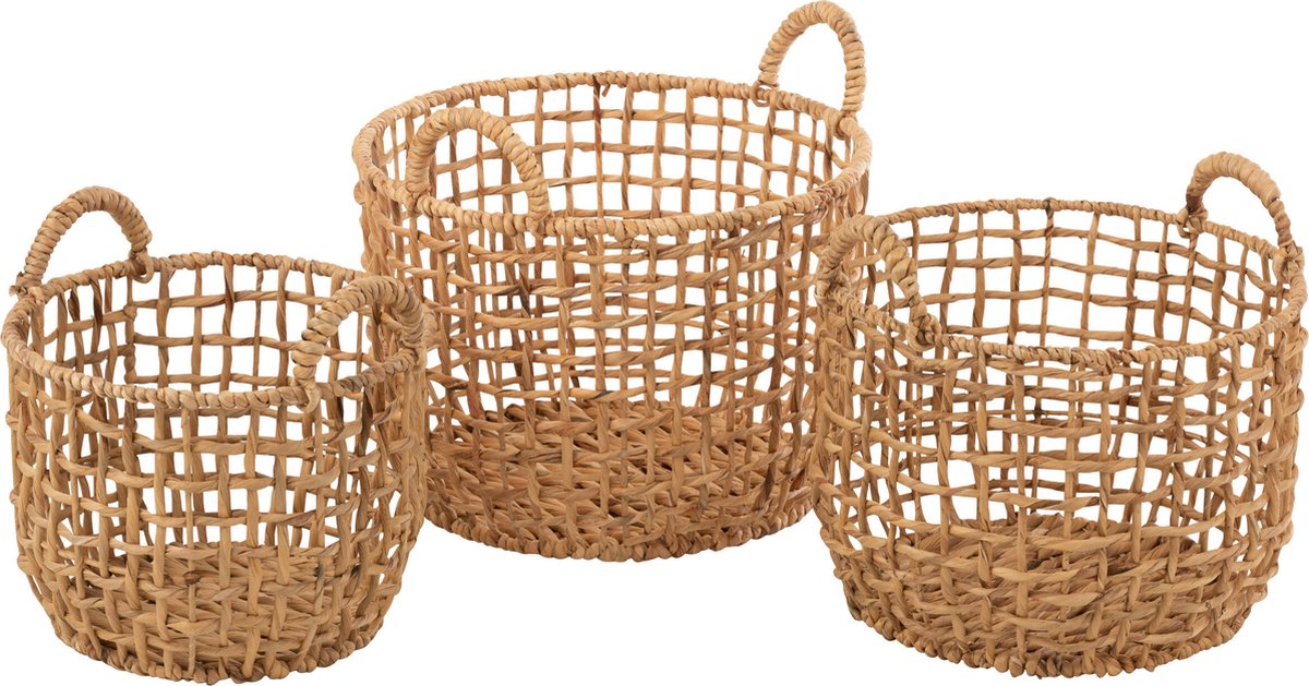 J-Line mand Rond Open Waterhyacint - jute - naturel - 3 stuks
