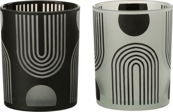 J-Line windlicht Nordic - glas - zwart/wit - medium - 2 stuks