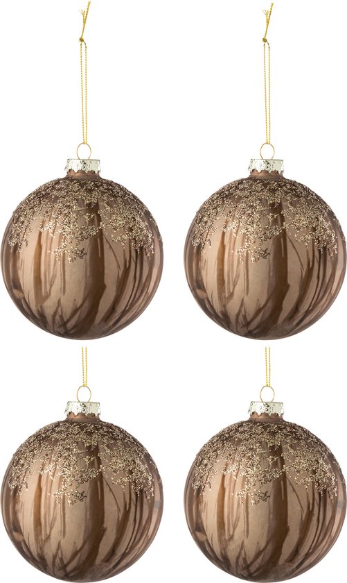 J-Line boule de Noël Lignes + Paillettes - verre - brun clair/foncé - boîte de 4