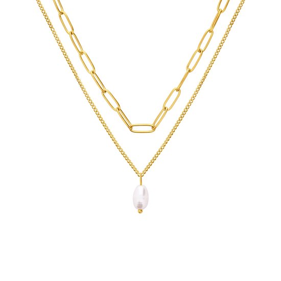 Lucardi Dames Stalen goldplated ketting closed forever parel - Ketting - Staal - Goudkleurig - 47 cm