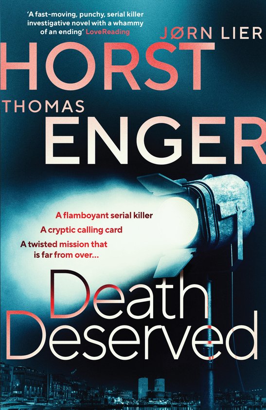 Boekomslag met de titel 'Death Deserved' door Horst & Enger. Een spotlight schijnt op de tekst.