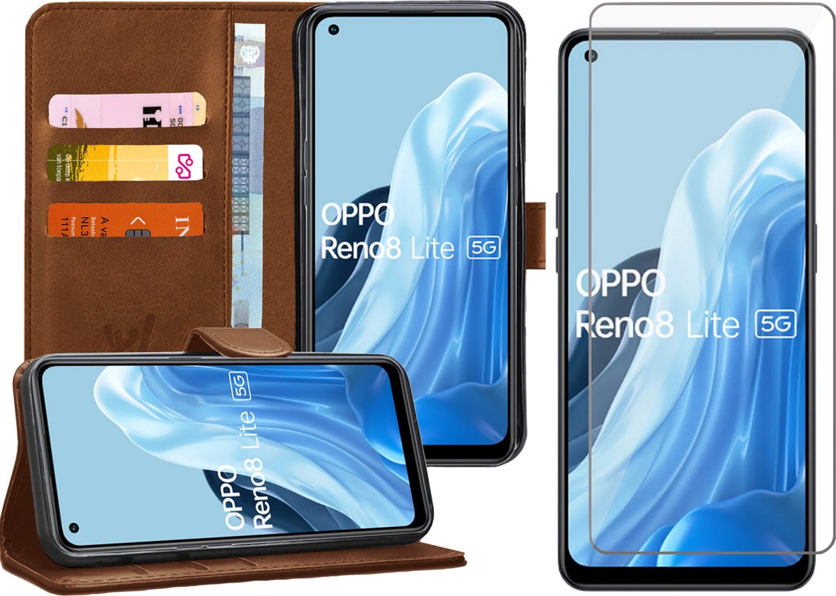 Hoesje geschikt voor Oppo Reno 8 Lite - Screenprotector Glas - Portemonnee Book Case Bruin