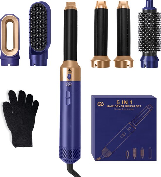 Fer à Friser Multistyler de Luxe 5 en 1 - Brosse Sèche-Cheveux Airstyler - Sèche-Cheveux Multifonctionnel avec 5 Accessoires - Lisseur Sèche-Cheveux - Édition Blue Azur