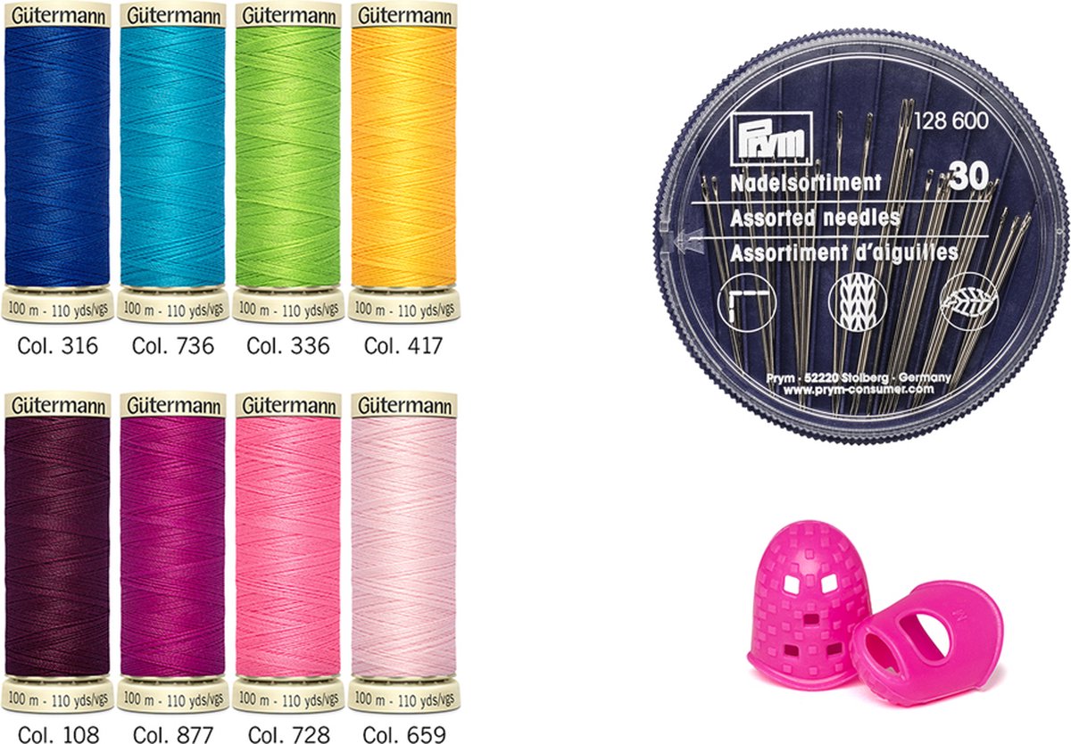 Naaigaren set met assortiment naalden 8 x stikzijde en twee naaldgrijpers