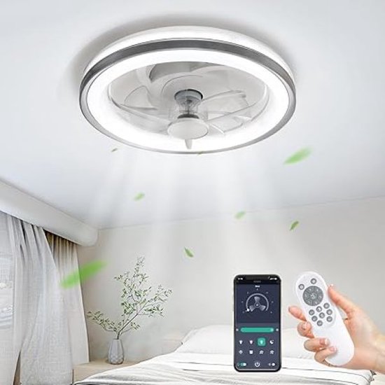 SHOP YOLO-plafondventilator met verlichting-met Licht-LED Dimbare Stille Plafond Ventilator met Afstandsbediening Modern Slaapkamer Omkeerbaar 6 Snelheden 3 kleurtemperaturen Ventilator Lamp-zilver