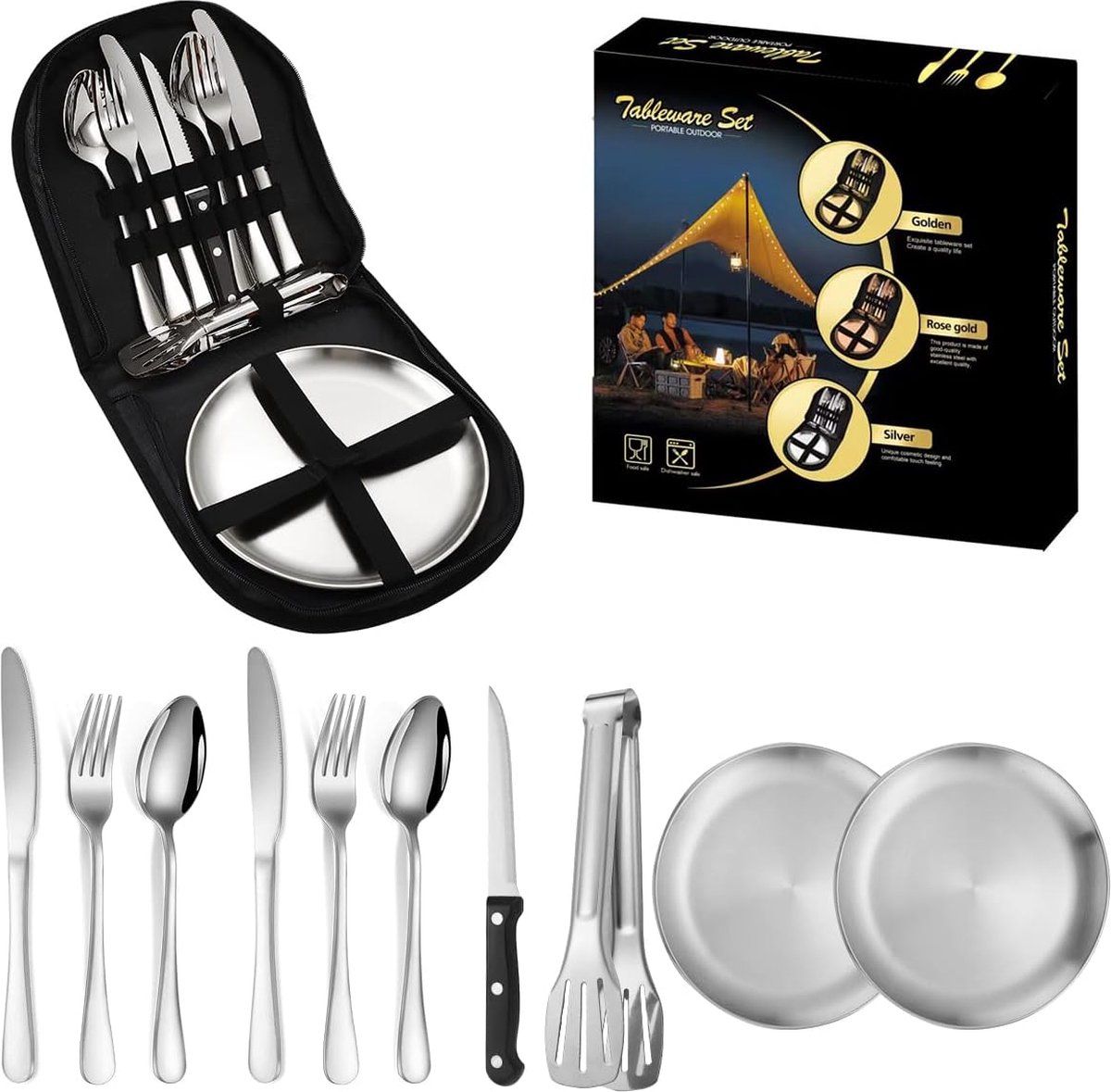 Camping bestekset, 13-delig reisbestek met vorken, ontbijtmes, lepel Camping bestekset, 13-delig reisbestek met vorken, ontbijtmes, lepel