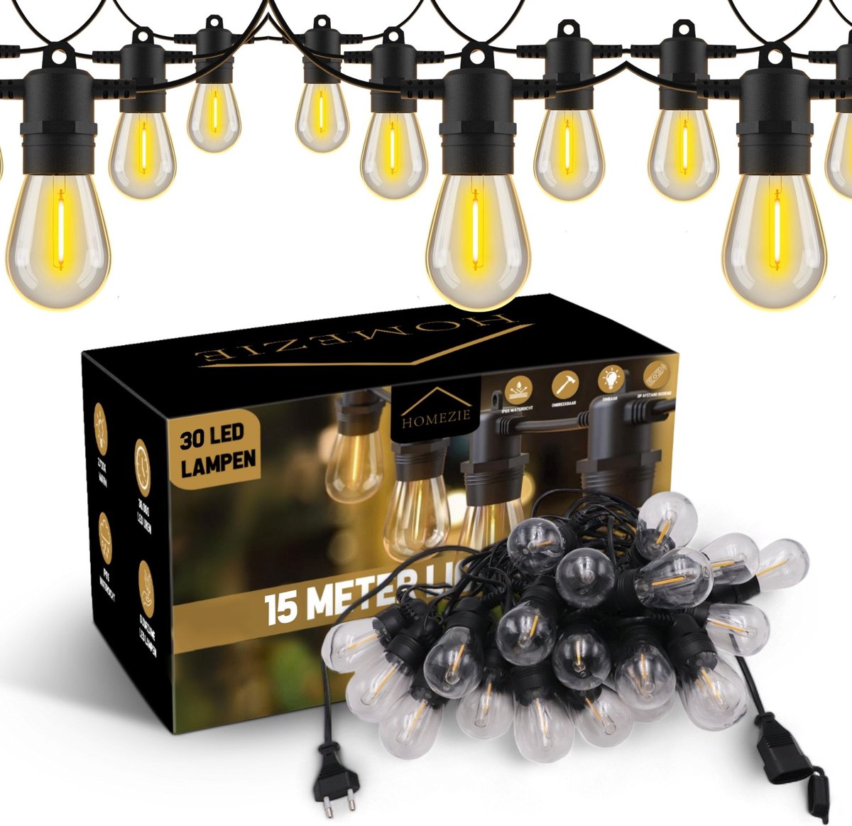 Homezie Lichtsnoer | 15 meter met 30 Kunststof S14 LED lampen | IP65 Waterdicht | Warm wit | Koppelbaar & Dimbaar | Tuinverlichting