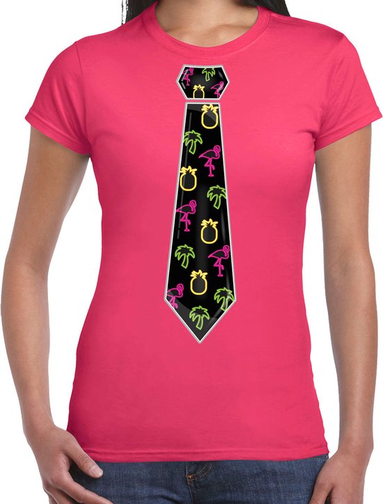 Toppers in concert - Bellatio Decorations Tropical party shirt dames - stropdas - roze - neon - carnaval - themafeest M